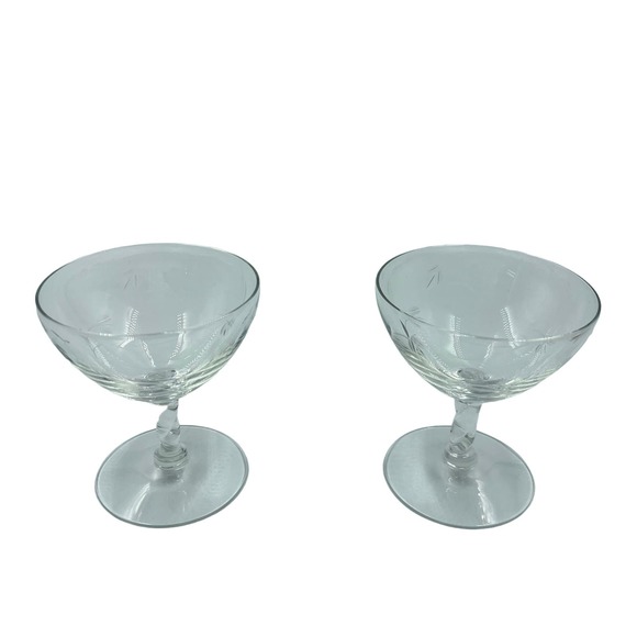 Vintage Clear Etched Champagne Wine Glasses Floral Flower Set 2 MCM Midcentury - Picture 1 of 12